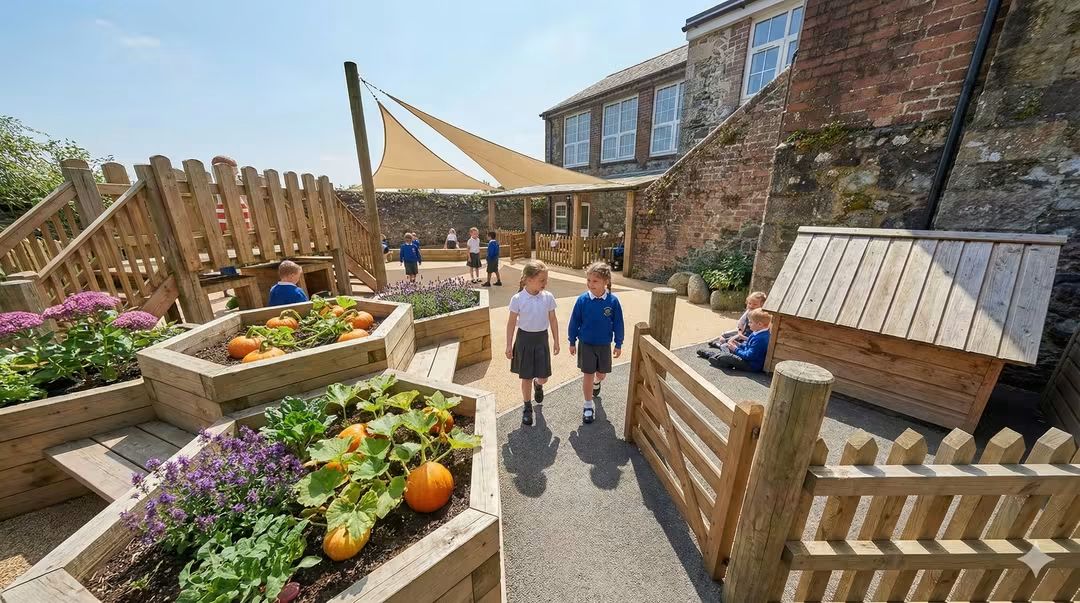 Hennock Playground with children, timber play structures, raised planters and a shade sail