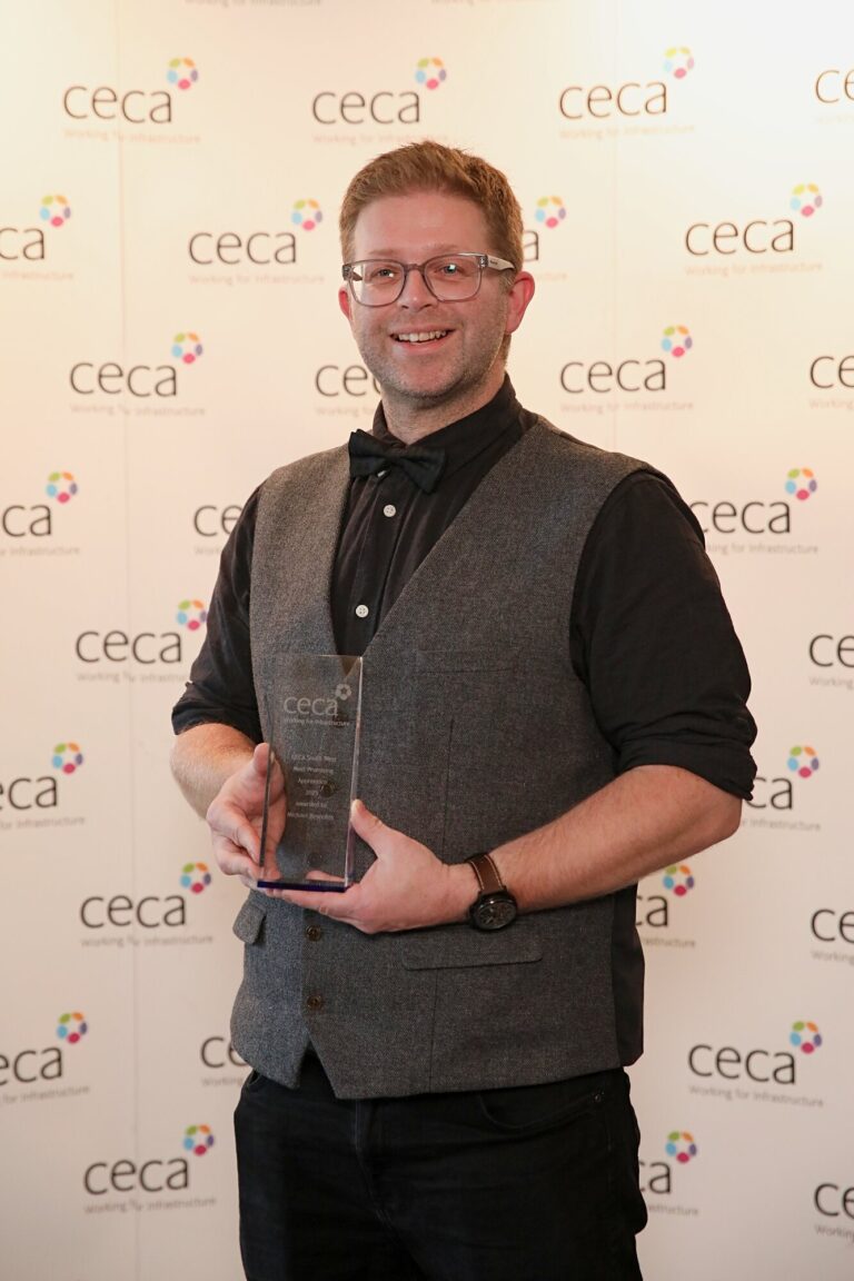 Mike Reynolds of Bridge Civil Engineering holding his 2025 CECA South West Young Apprentice Award