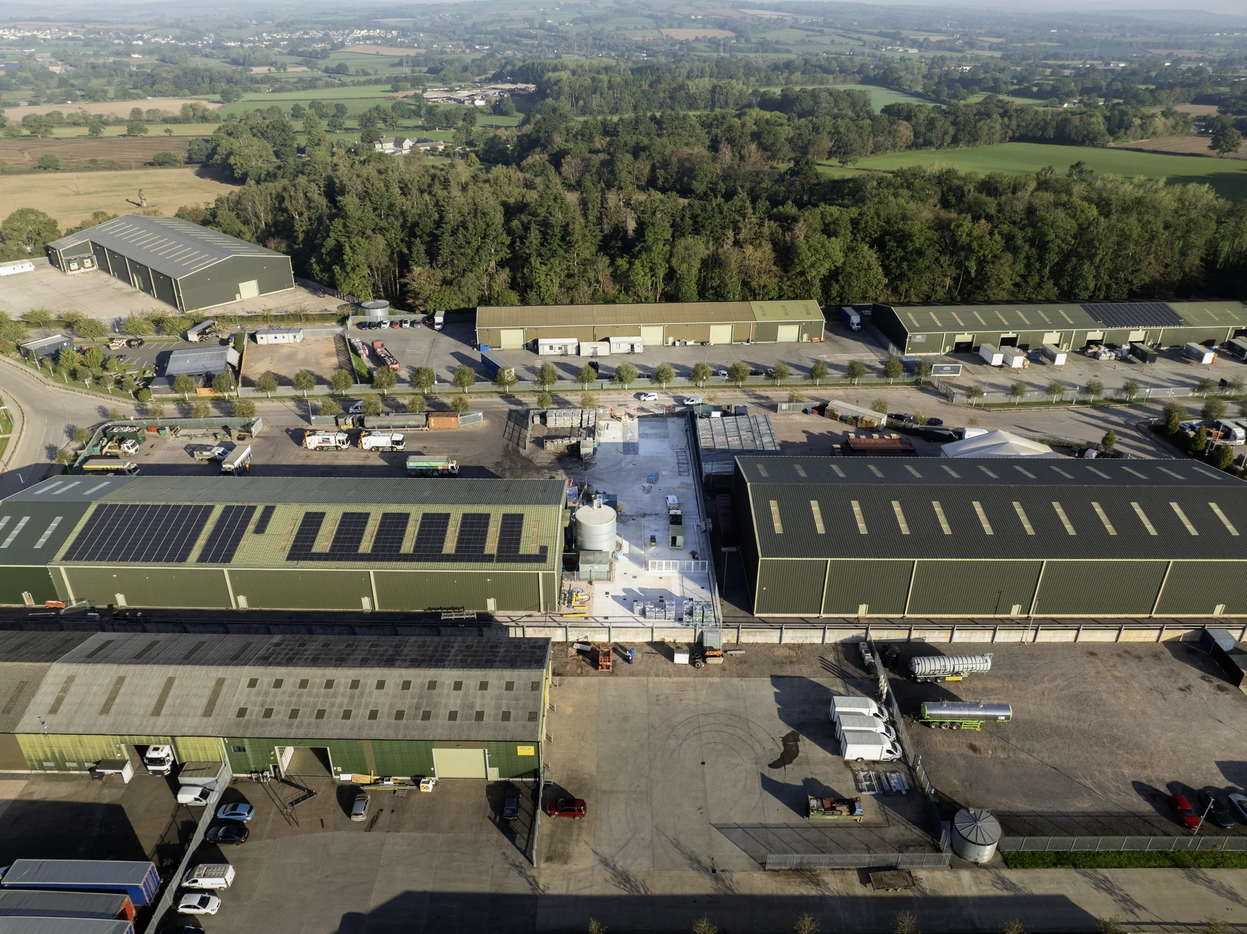 Aerial view of Mid Devon Waste Transfer Station showing industrial buildings, the central works area and surrounding countryside