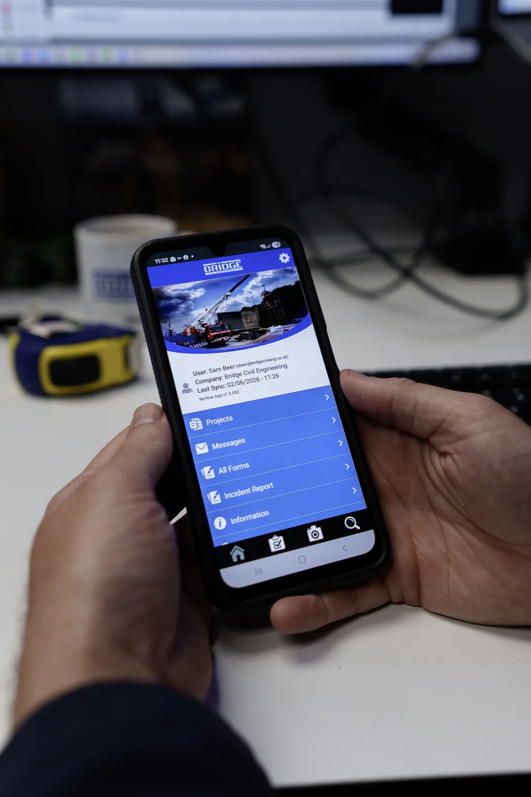 Smartphone displaying the Bridge Civil Engineering app with project, form and incident-report options