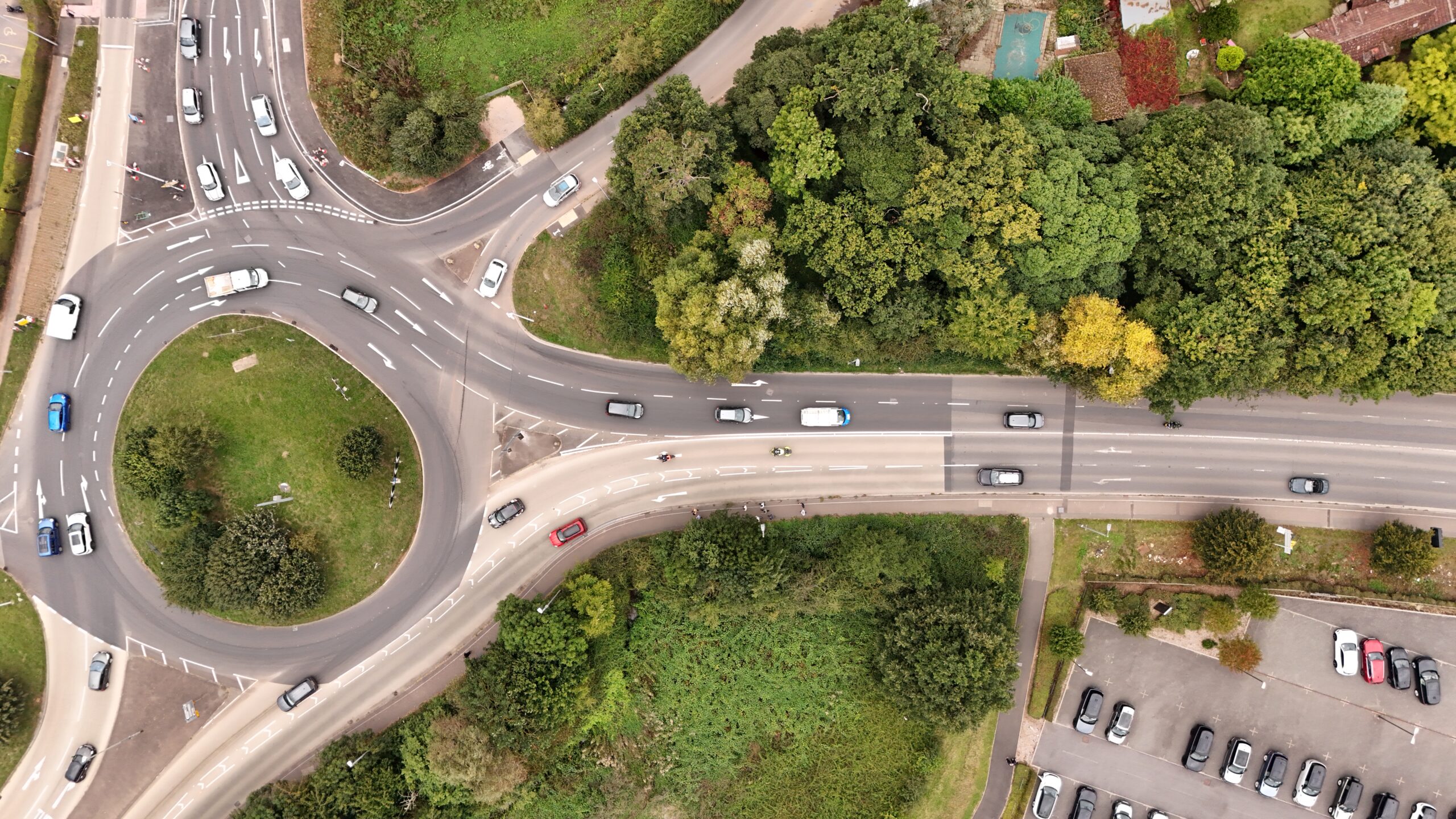Aerial view of a roundabout and connecting roads